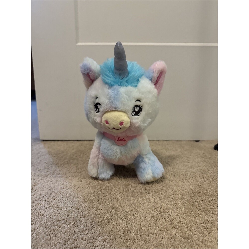 Rainbow Barbie Unicorn Plush, Cute Fluffy, Blue Hair